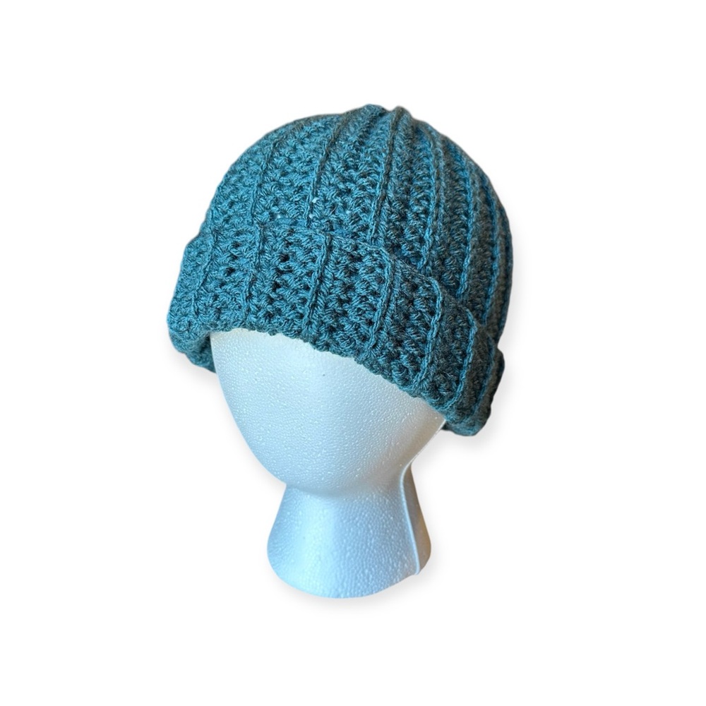 New Handmade Crochet Ribbed Beanie Fold over Hat Winter Fall Dark Turquoise